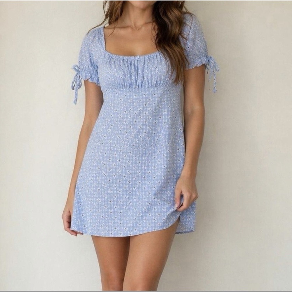 Altar'd State Mini Dress Women Medium Blue White Ditsy Floral Daisy Puff Sleeve